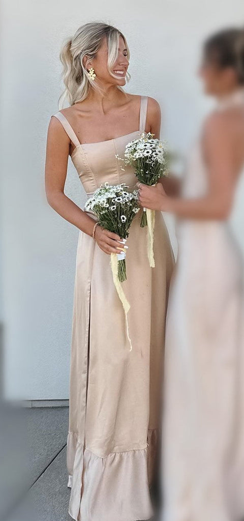 Elegant Straps Straight Neck A-line Side Slit Satin Taupe Long Bridesmaid Dresses Online, BG794