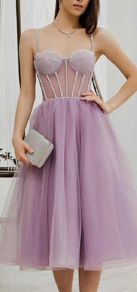 Elegant Spaghetti Straps A-line Tulle Tea Length Short Homecoming Dresses Online, HD0652