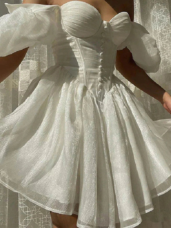 Elegant Off Shoulder A-line Organza Ivory Short Homecoming Dresses Online, HD0731