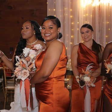 Mismatched Mermaid Side Slit Halter One Shoulder Mermaid Satin Burnt Orange Long Bridesmaid Dresses Online, BG725