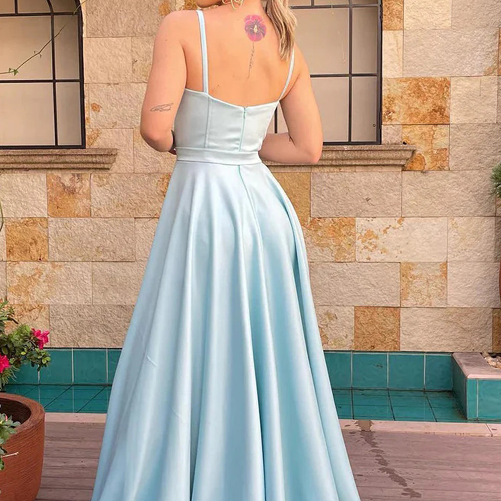 Elegant Spaghetti Straps A-line Sky Blue Satin Long Bridesmaid Dresses Online, BG545