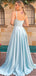 Elegant Spaghetti Straps A-line Sky Blue Satin Long Bridesmaid Dresses Online, BG545