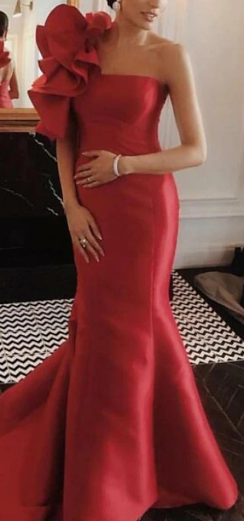 Elegant One Shoulder Mermaid Satin Red Long Prom Dress Online, OL255