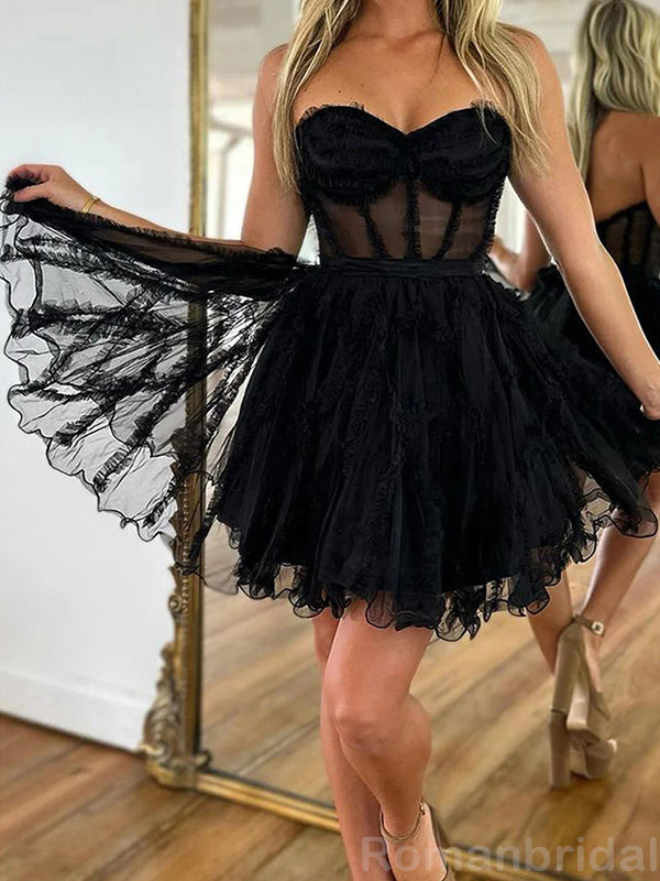 Elegant Sweetheart A-line Tulle Black Short Homecoming Dresses Online, HD0664