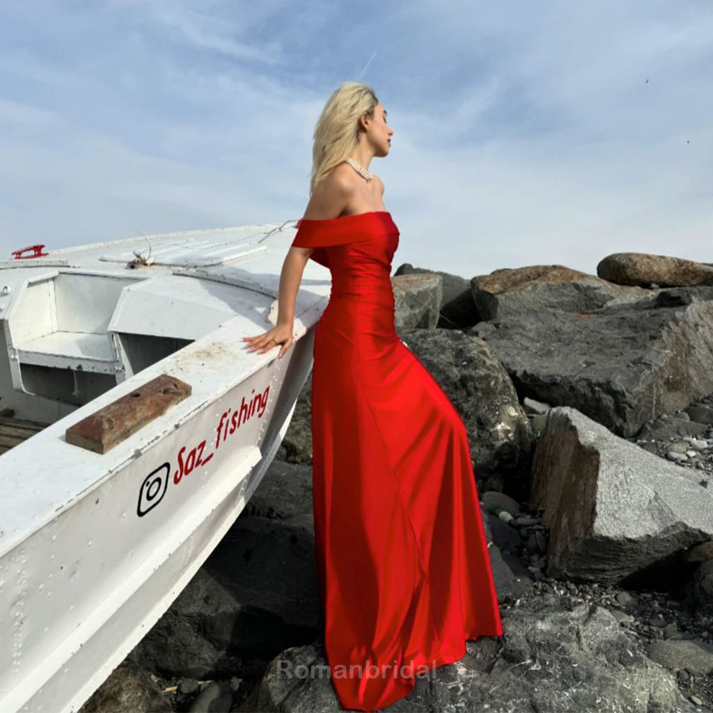 Elegant Red Off the Shoulder Long Satin Bridesmaid Dresses Online, BG451