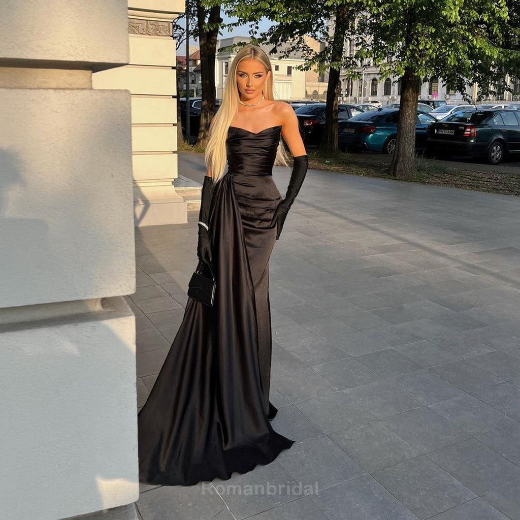 Gorgeous Sleeveless V-neck Mermaid Side Slit Black Satin Bridesmaid Dresses with Train, BG470