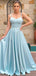 Elegant Spaghetti Straps A-line Sky Blue Satin Long Bridesmaid Dresses Online, BG545