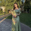 Elegant Half Shoulder A-line Dusty Sage Satin Bridesmaid Dresses Online, BG489