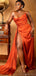 Elegant V-neck Sleeveless Side Slit Burnt Orange Long Satin Bridesmaid Dresses, BG518