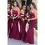 Elegant Straight Neck Side Slit Mermaid Satin Side Slit Burgundy Long Bridesmaid Dresses Online, BG803