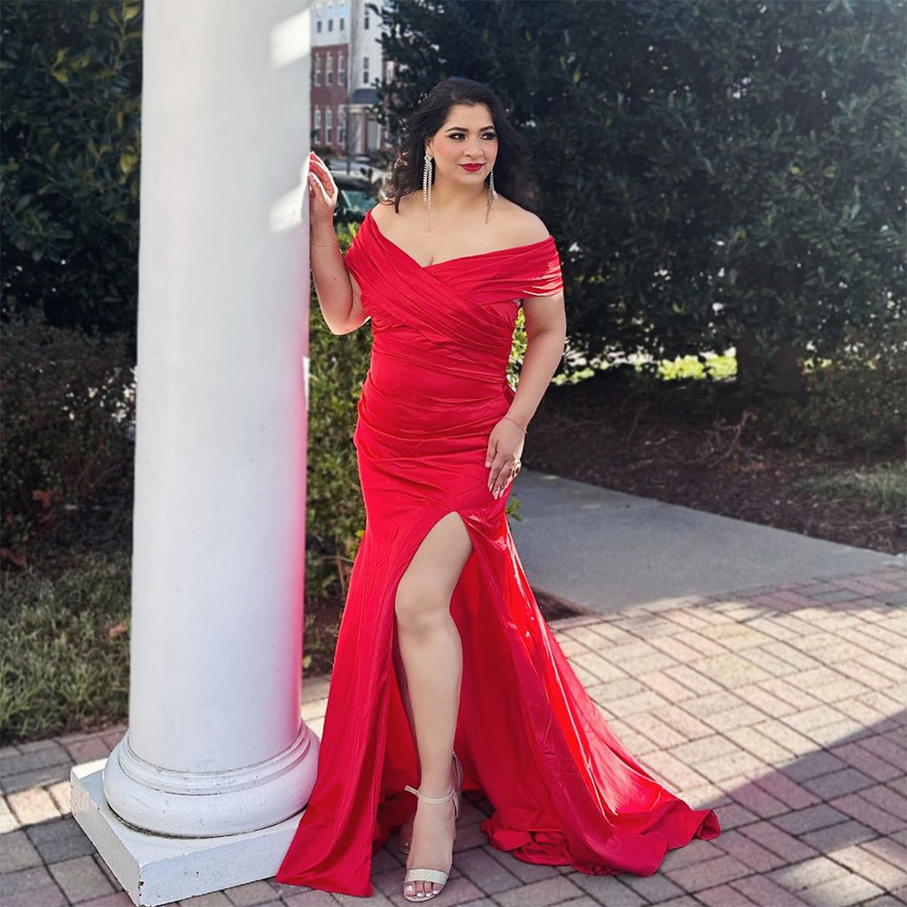 Elegant Off Shoulder Mermaid Side Slit Satin Red Long Bridesmaid Dresses Online, BG807