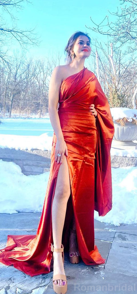 Elegant One Shoulder Mermaid Side Slit Burnt Orange Bridesmaid Dresses with Trailing, BG483