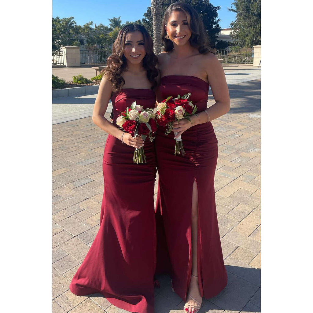 Elegant Straight Neck Side Slit Mermaid Satin Side Slit Burgundy Long Bridesmaid Dresses Online, BG803