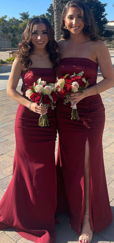 Elegant Straight Neck Side Slit Mermaid Satin Side Slit Burgundy Long Bridesmaid Dresses Online, BG803