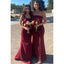 Elegant Straight Neck Side Slit Mermaid Satin Side Slit Burgundy Long Bridesmaid Dresses Online, BG803