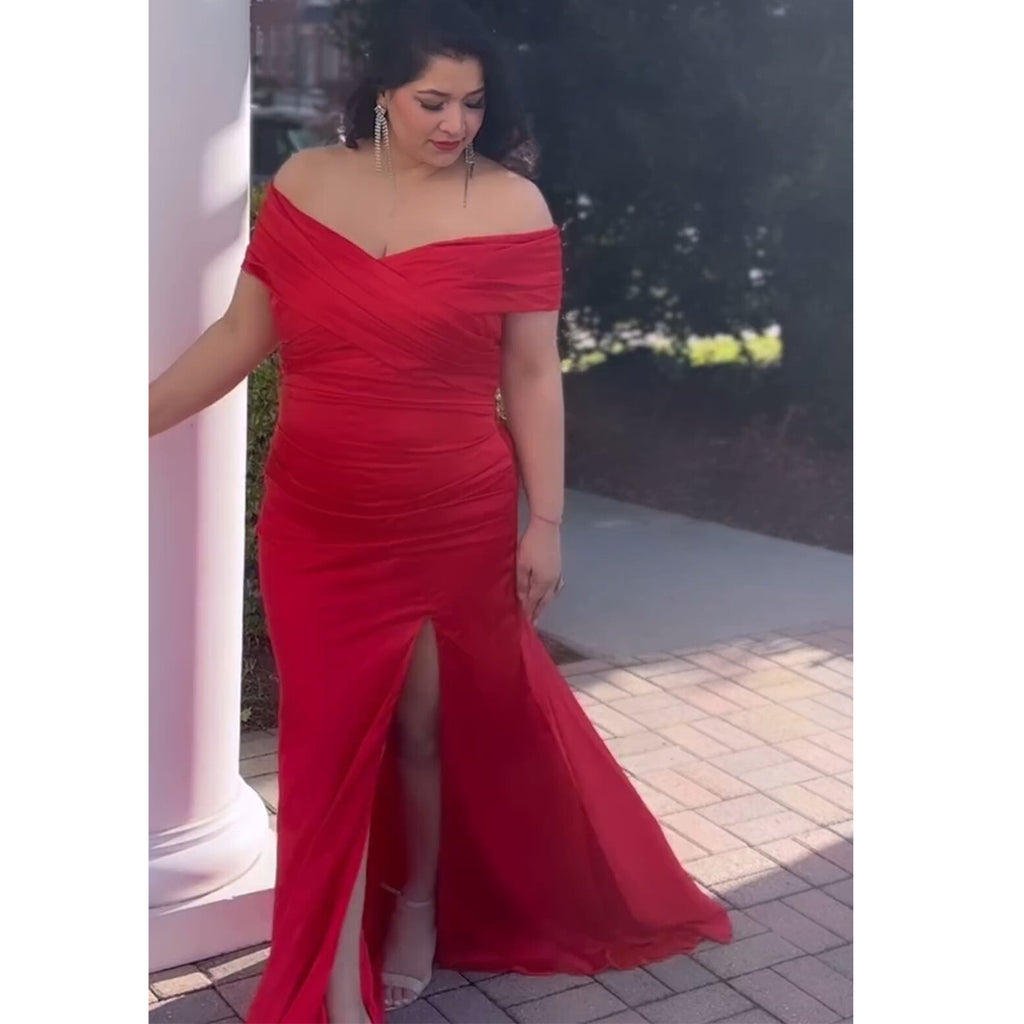 Elegant Off Shoulder Mermaid Side Slit Satin Red Long Bridesmaid Dresses Online, BG807