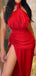 Elegant Halter Side Slit Mermaid Satin Red Long Bridesmaid Dresses Online, BG608