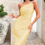 Simple One Shoulder Backless Mermaid Lemon Long Satin Bridesmaid Dresses, BG535