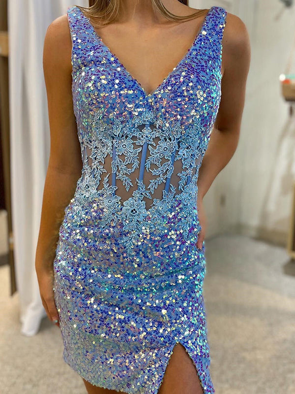 Shinning V-neck Mermaid Sequins Short Homecoming Dresses Online, HD0772