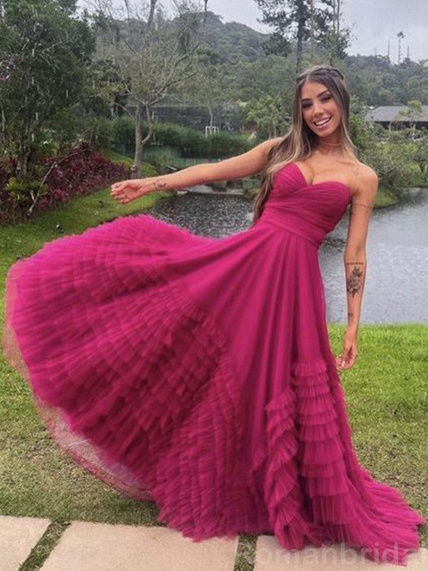 Elegant Sweetheart Sleeveless A-line Fuchsia Tulle Evening Prom Dress Online, OL110