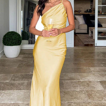 Simple One Shoulder Backless Mermaid Lemon Long Satin Bridesmaid Dresses, BG535