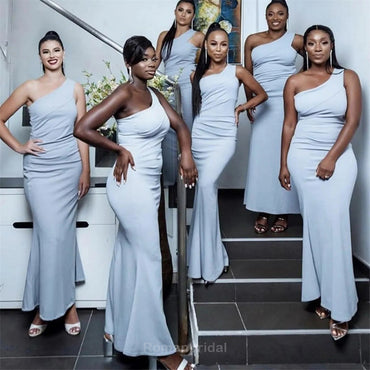 Elegant One Shoulder Sleeveless Mermaid Sky Blue Long Satin Bridesmaid Dresses, BG519