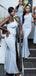 Elegant One Shoulder Sleeveless Mermaid Sky Blue Long Satin Bridesmaid Dresses, BG519