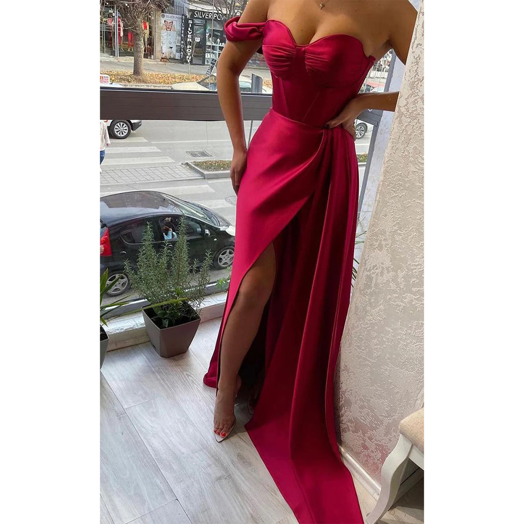 Elegant One Shoulder A-line Side Slit Satin Long Bridesmaid Dresses Online, BG655