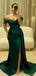 Elegant Off the Shoulder Mermaid Side Slit Dark Green Satin Bridesmaid Dresses Online, BG491