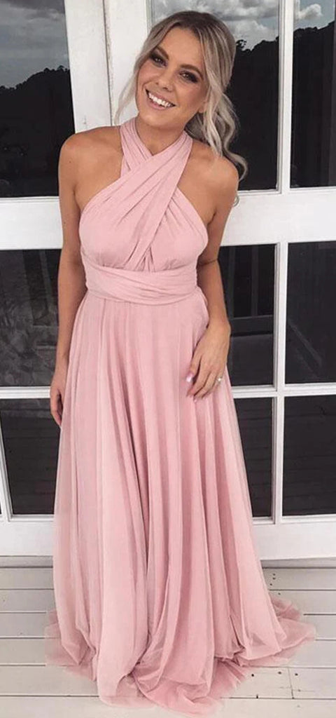Elegant Halter Sleeveless A-line Chiffon Pink Bridesmaid Dresses, BG546