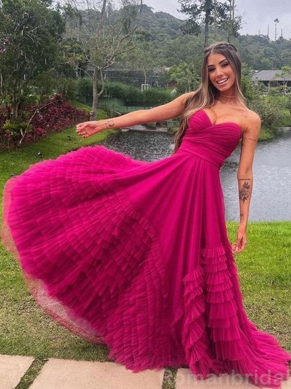 Elegant Sweetheart Sleeveless A-line Fuchsia Tulle Evening Prom Dress Online, OL110