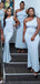 Elegant One Shoulder Sleeveless Mermaid Sky Blue Long Satin Bridesmaid Dresses, BG519
