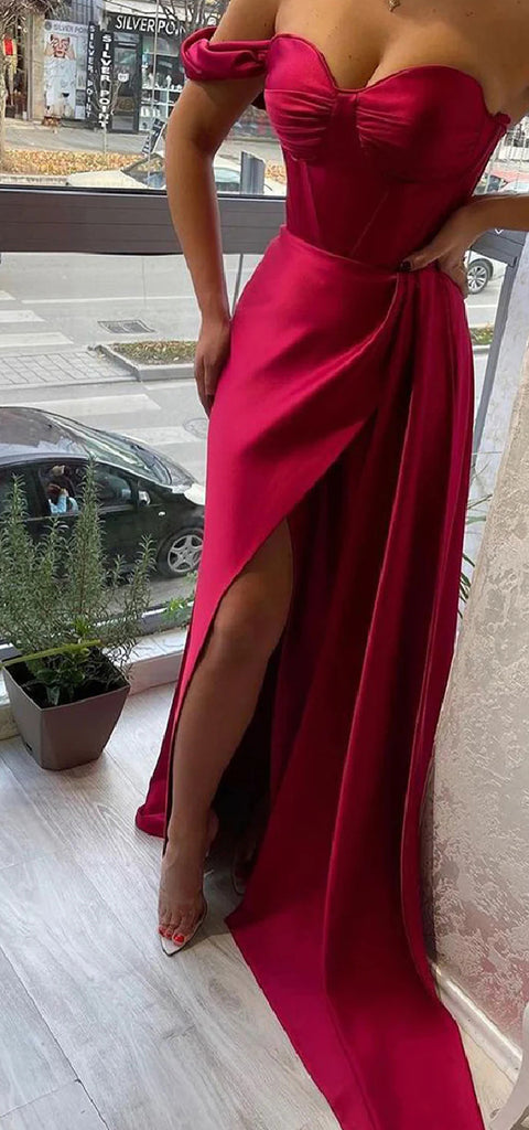 Elegant One Shoulder A-line Side Slit Satin Long Bridesmaid Dresses Online, BG655