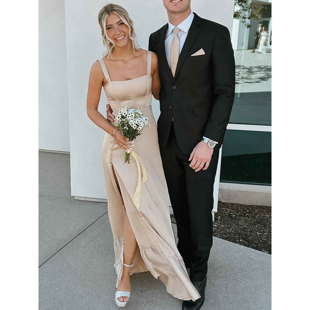 Elegant Straps Straight Neck A-line Side Slit Satin Taupe Long Bridesmaid Dresses Online, BG794