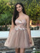 Elegant Spaghetti Straps A-line Tulle Applique Short Champagne Homecoming Dresses Online, HD0699