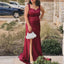 Elegant Straps Mermaid Side Slit Long Burgundy Satin Bridesmaid Dresses Online, BG421