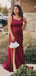 Elegant Straps Mermaid Side Slit Long Burgundy Satin Bridesmaid Dresses Online, BG421