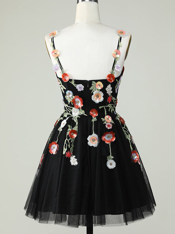 Elegant Spaghetti Straps A-line Applique Black Short Homecoming Dresses Online, HD0757