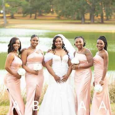 Mismatched One Shoulder Side Slit Mermaid Blushing Pink Satin Long Bridesmaid Dresses Online, BG739