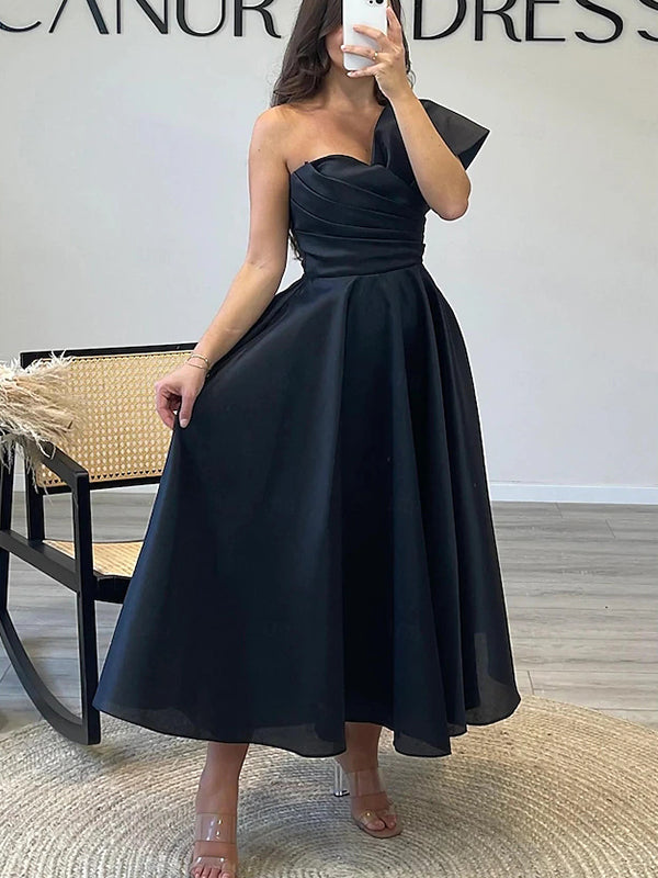 Elegant One Shoulder A-line Satin Black Tea Length Prom Dress Online, OL262