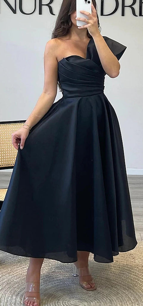 Elegant One Shoulder A-line Satin Black Tea Length Prom Dress Online, OL262