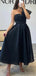 Elegant One Shoulder A-line Satin Black Tea Length Prom Dress Online, OL262