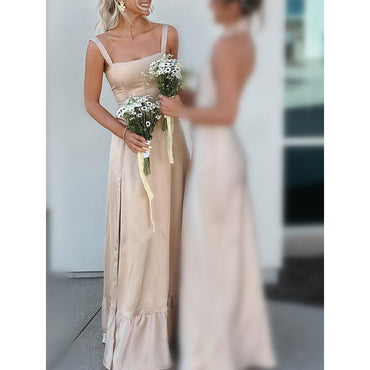 Elegant Straps Straight Neck A-line Side Slit Satin Taupe Long Bridesmaid Dresses Online, BG794