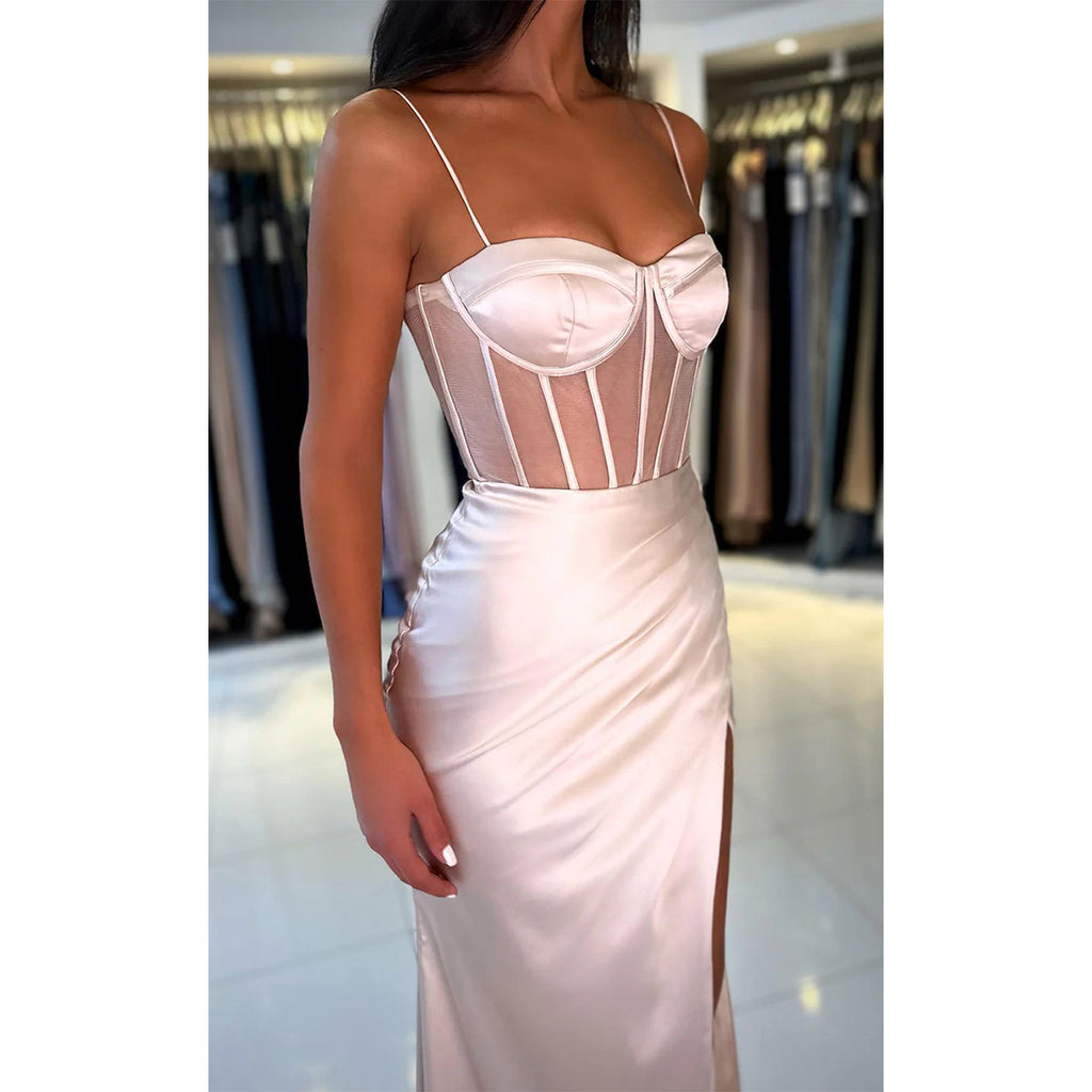 Sexy Satin Spaghetti Straps Illusion Mermaid Side Slit Long Bridesmaid Dresses Online, BG633