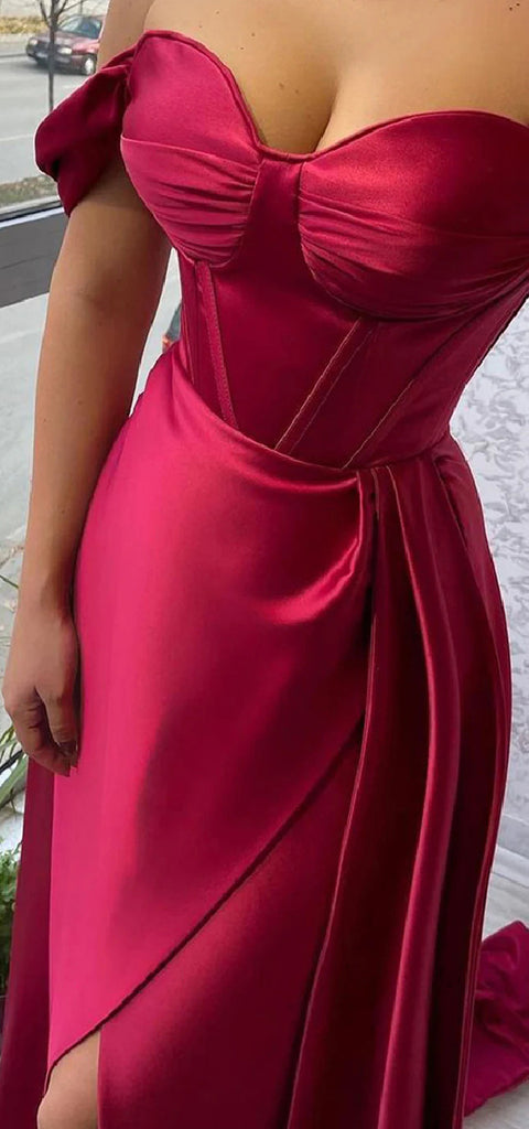 Elegant One Shoulder A-line Side Slit Satin Long Bridesmaid Dresses Online, BG655