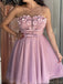 Elegant Spaghetti Straps A-line Tulle Applique Flowers Short Champagne Homecoming Dresses Online, HD0700