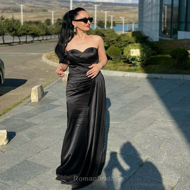 Simple Black Off the Shoulder Sweetheart Long Satin Bridesmaid Dresses Online, BG453