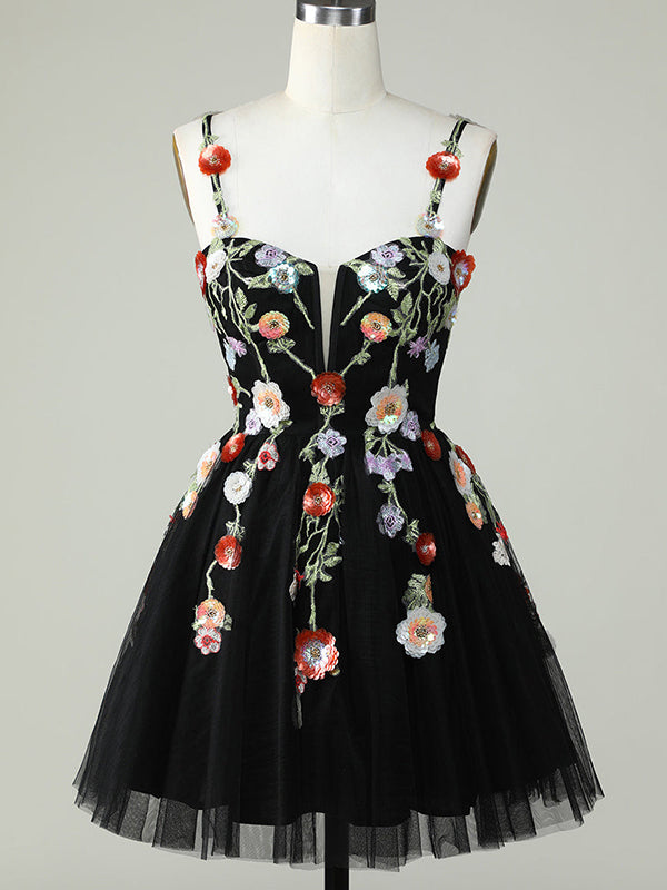 Elegant Spaghetti Straps A-line Applique Black Short Homecoming Dresses Online, HD0757