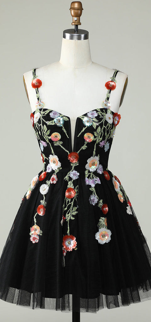 Elegant Spaghetti Straps A-line Applique Black Short Homecoming Dresses Online, HD0757