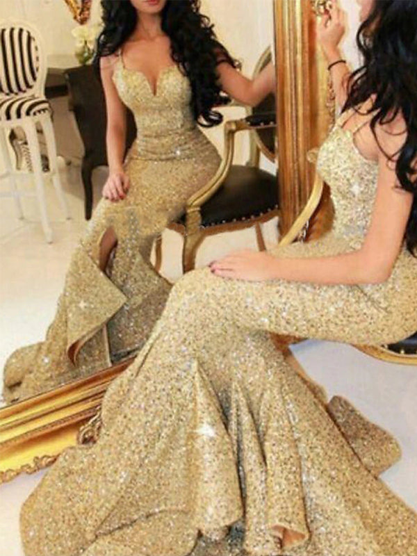 Sparkly Spaghetti Straps Mermaid Side Slit Gold Prom Dress Online, OL263